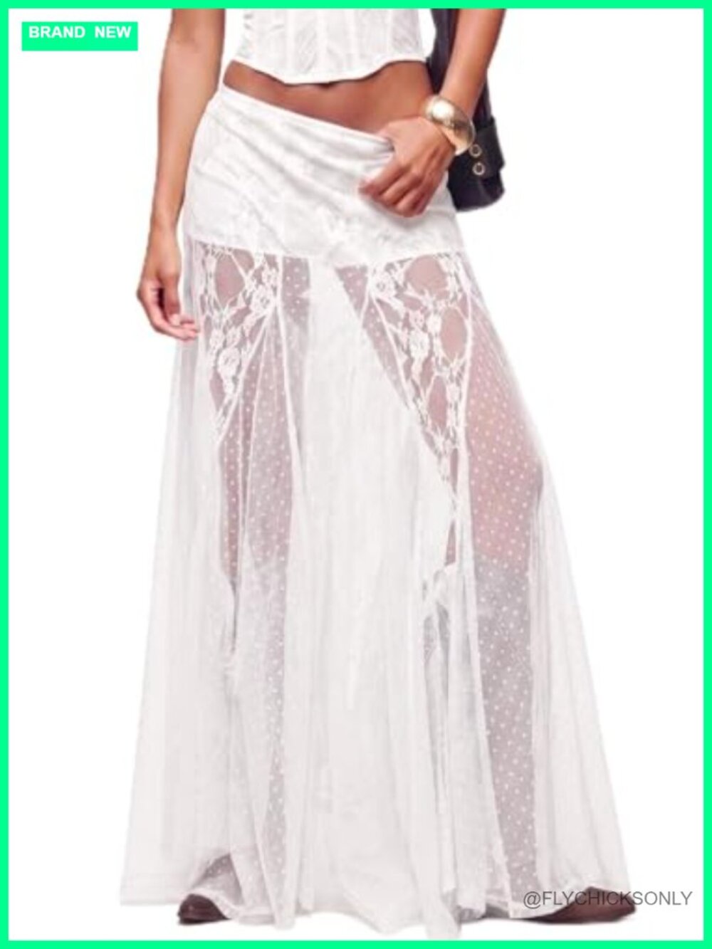 ELLEVEN Lace Sheer Maxi Skirt High Waisted A-Line Built-in Shorts Flowy